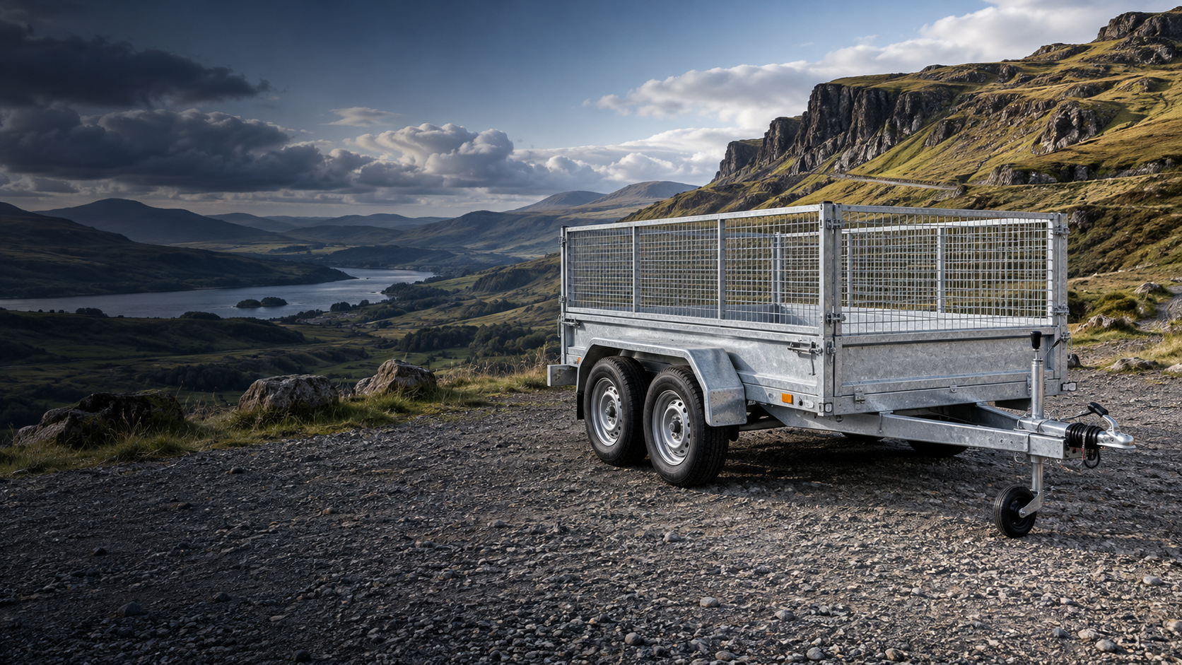 Galvanised trailer in the Scottish hills