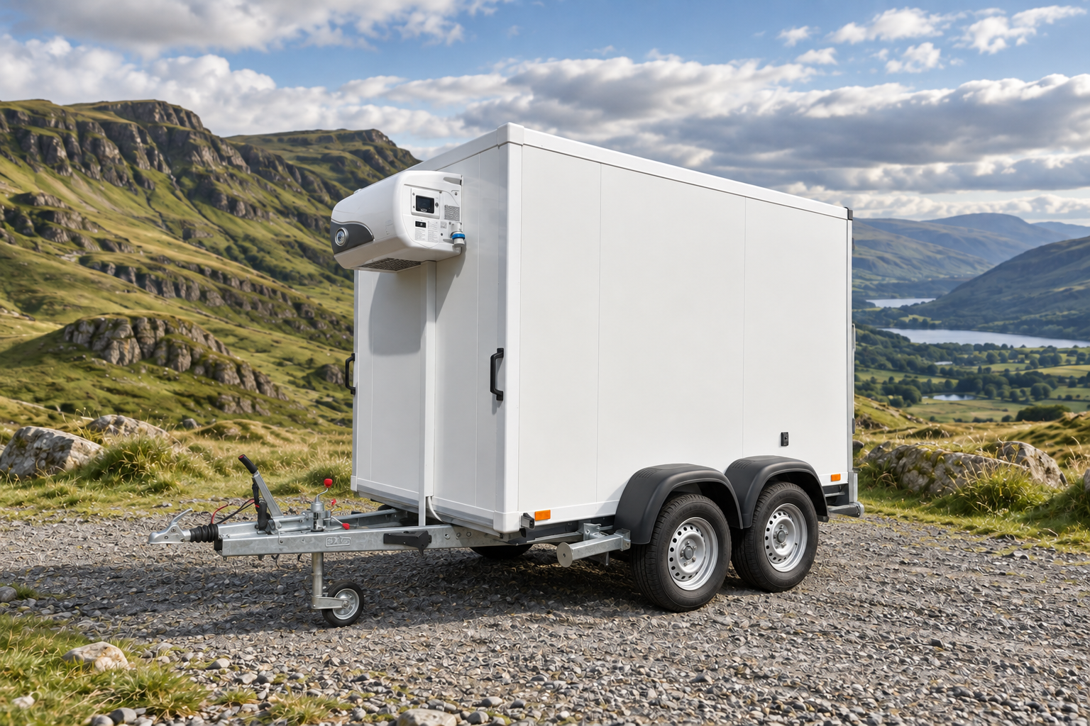 White refrigerated trailer with double axle